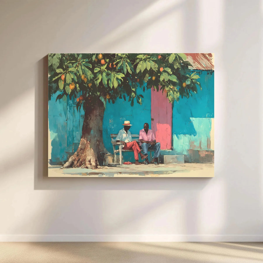 Tropical Island Life Horizontal Canvas Wall Art | Impressionist Village Scene Art Print | Premium 1.25 Inch Gallery Wrap | Vibrant Coastal Living Room Decor Gift