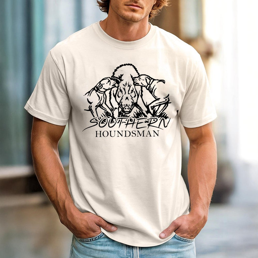 Southern Houndsman Hog Hunting T-Shirt | Catch Dog & Wild Boar Graphic | Premium 100% Cotton | Outdoor Apparel Gift for Hunters