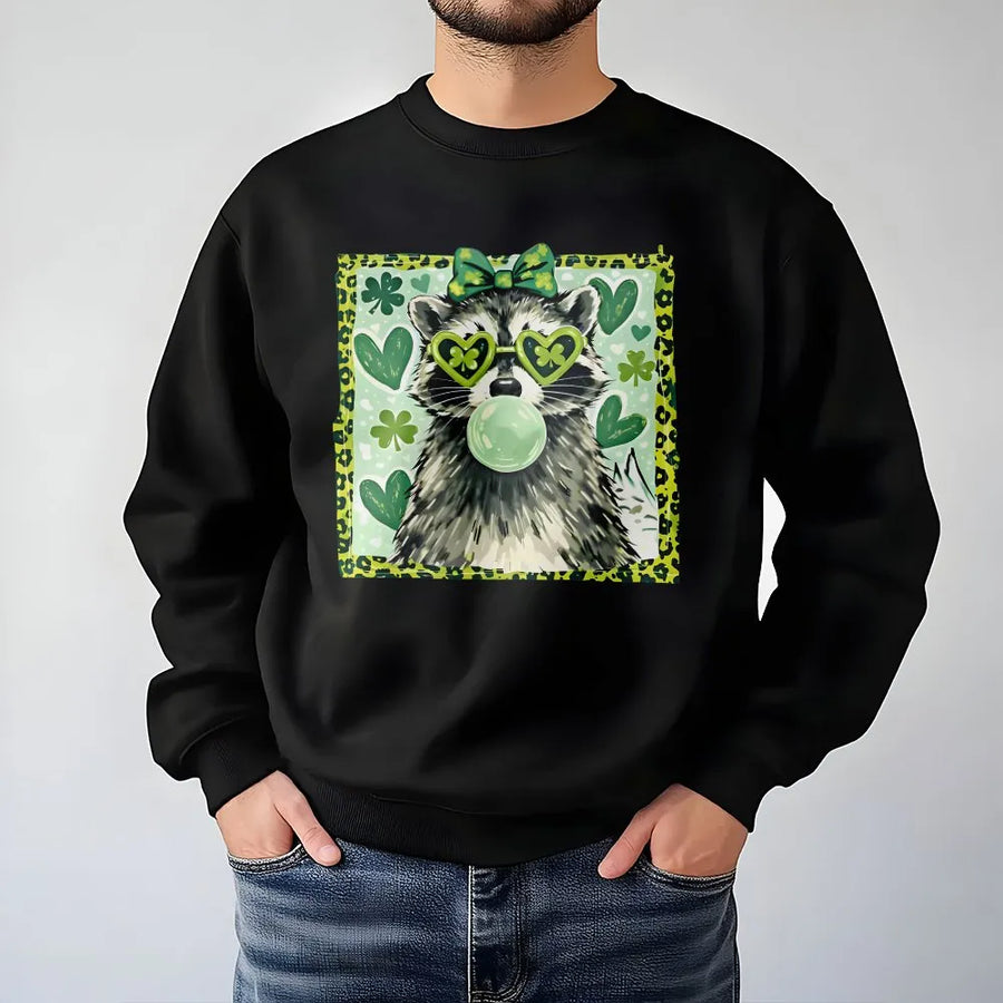 St. Patrick’s Day Raccoon Sweatshirt | Shamrock Heart Sunglasses Graphic | Premium Cotton Blend | Cute Irish Holiday Gift For Women