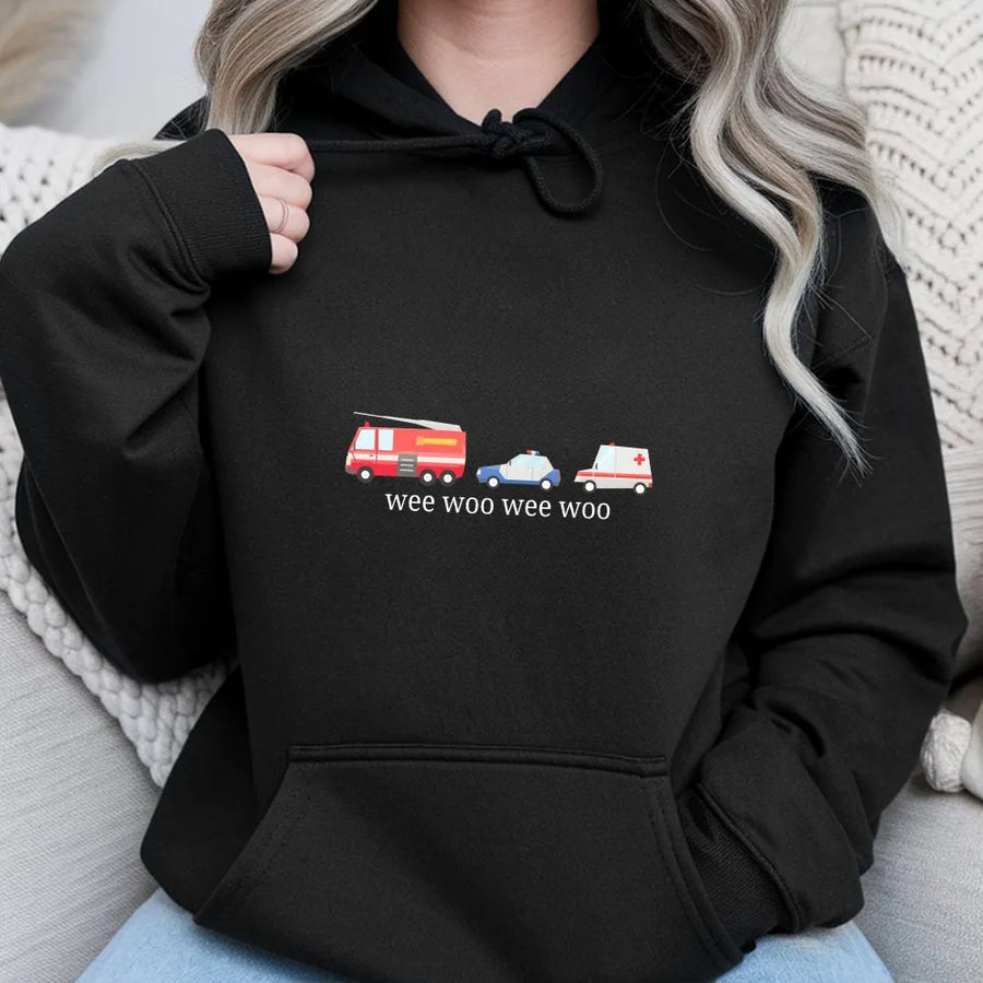Wee Woo Hoodie | Cute Emergency Vehicle Graphic Sweatshirt | Premium Cotton Blend | Gift for EMT Firefighter Police