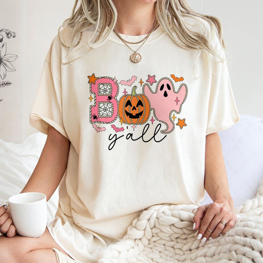 Boo Y'all Halloween T-Shirt | Cute Pink Ghost and Pumpkin Graphic | 100% Cotton Premium Tee | Spooky Season Gift for Women
