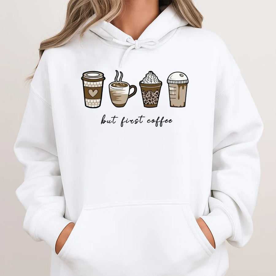 But First Coffee Hoodie | Cute Coffee Cup Graphic Print | Soft Cotton Blend Premium Pullover | Caffeine Lover Gift Idea for Women & Men