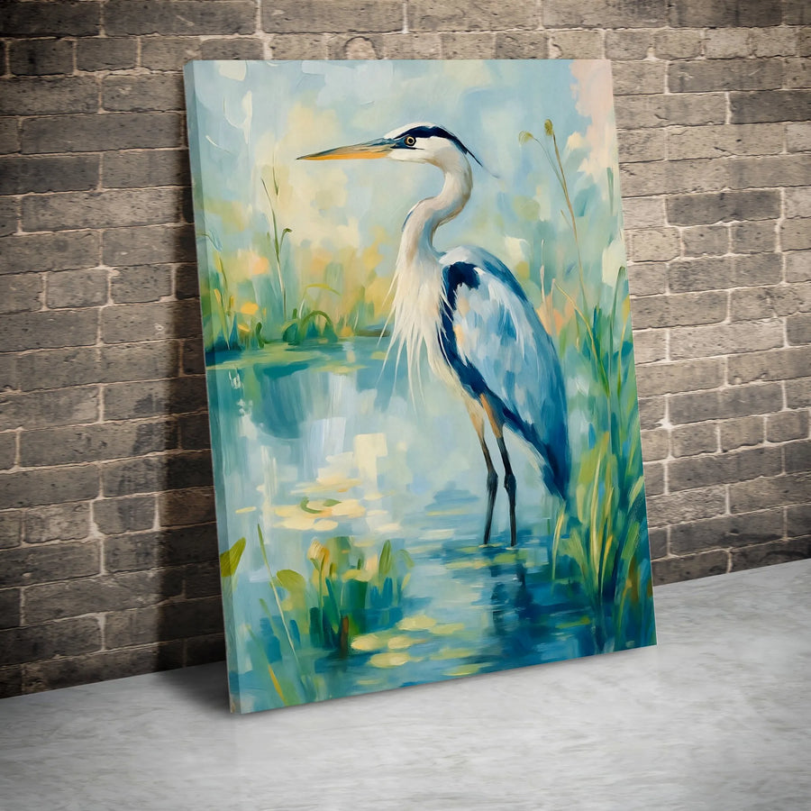 Great Blue Heron Canvas Wall Art | Serene Wetland Bird Painting | Premium Thick Gallery Wrap Canvas | Coastal Home Decor Gift for Bird Watcher