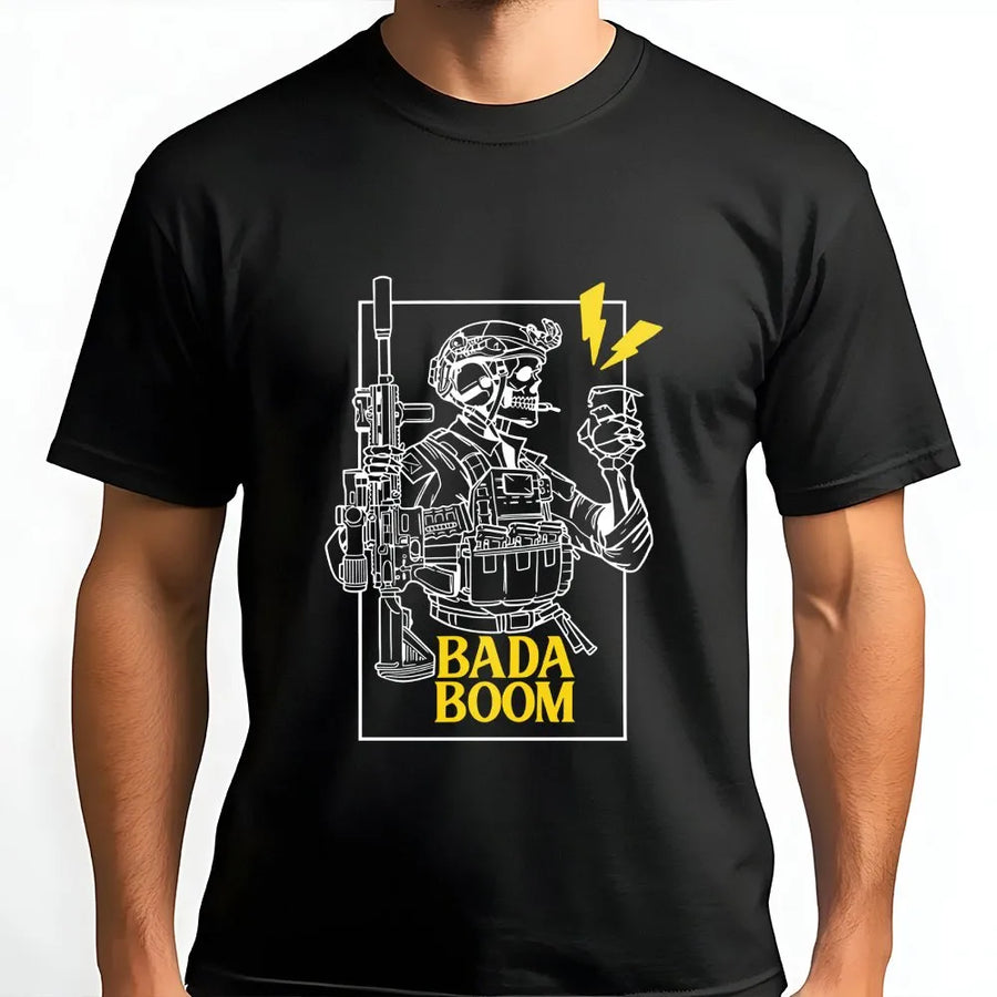 Skull Graphic T-Shirt | Military Tactical Bada Boom Design | 100% Premium Cotton | Edgy Streetwear Gift for Men and Women