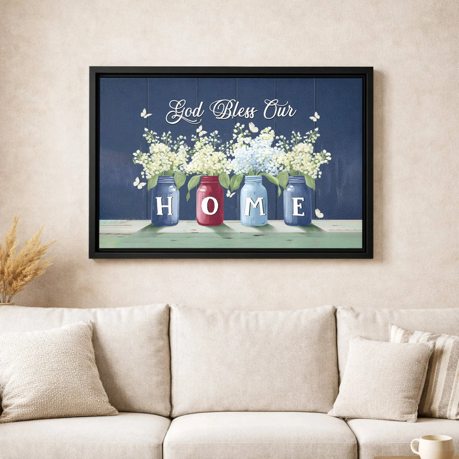God Bless Our Home Canvas Art | Mason Jar Farmhouse Wall Decor | Premium Fade-Resistant Print | Rustic Religious Gift for Family
