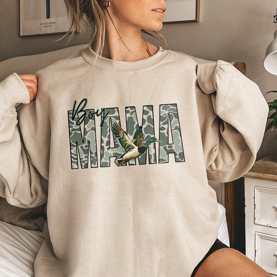 Boy Mama Sweatshirt | Camo Mallard Duck Hunting Design | Premium Cotton Blend Crewneck | Gift For Outdoorsy Mom & Hunting Enthusiasts