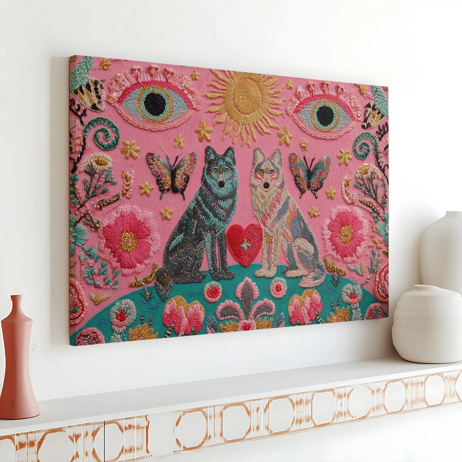 Wolf Wall Art | Whimsical Folk Art Botanical Print | Premium Gallery-Wrapped Canvas | Mystical Animal Decor Gift for Nature Lovers