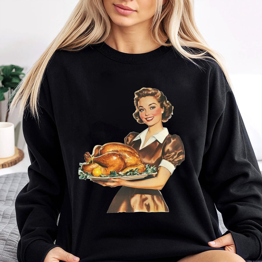 Vintage Thanksgiving Sweatshirt | 1950s Retro Turkey Dinner Graphic | Premium Cotton Blend | Cozy Holiday Gift for Women and Men