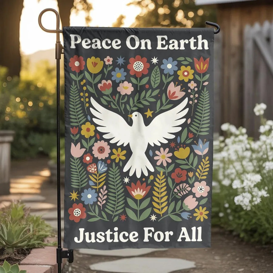 Peace On Earth Garden Flag | Folk Art Dove & Floral Design | Premium Weather Resistant Polyester | Outdoor Justice For All Yard Sign Gift