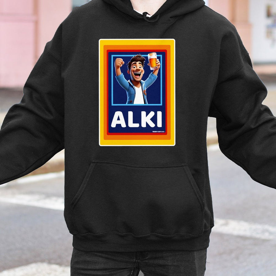 Alki Funny Graphic Hoodie | Beer Lover Drinking Cartoon Design | Premium Cotton Blend | Gift For Him or Her Unisex Pullover
