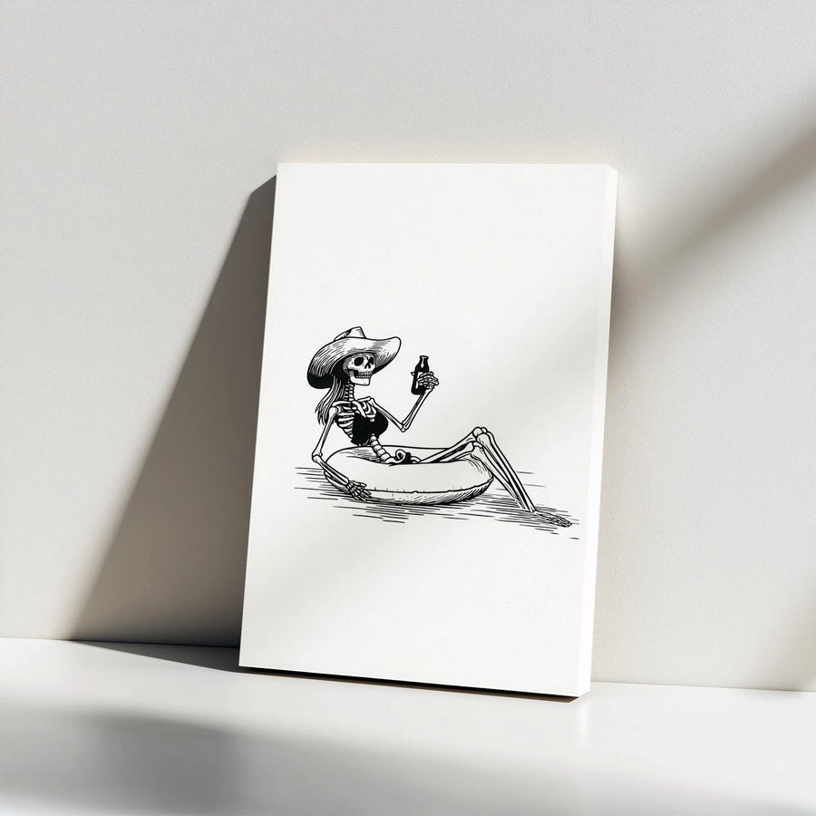 Skeleton Cowgirl Wall Art | Relaxing Summer Pool Float Illustration | Premium Gallery Wrap Canvas | Unique Gift for Beach Lovers & Western Decor
