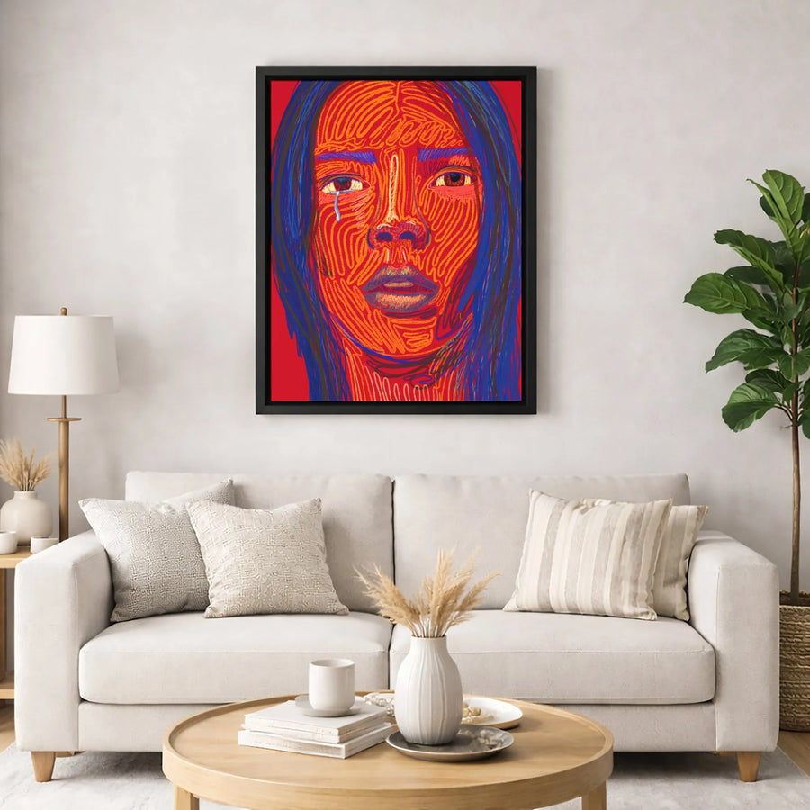 Abstract Portrait Canvas Print | Crying Woman Swirling Line Art | Premium Gallery Wrapped Wall Decor | Statement Piece for Modern Home Living Room