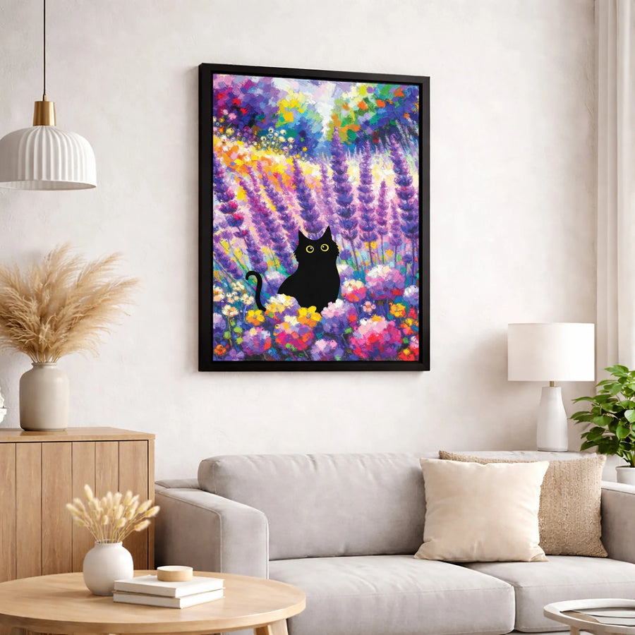 Black Cat Wall Art | Impressionist Lavender Field Print | Premium 1.25" Gallery Wrapped Canvas | Whimsical Animal Decor Gift for Cat Lovers
