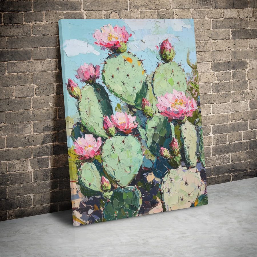 Prickly Pear Cactus Wall Art | Impasto Floral Oil Painting Print | Gallery Wrapped 1.25" Canvas | Southwestern Desert Home Decor Gift