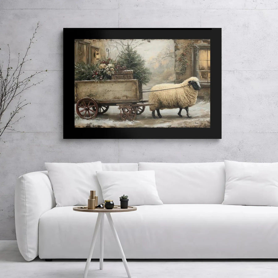 Farmhouse Christmas Wall Art | Sheep Pulling Holiday Cart in Snow | Premium Gallery Wrapped Canvas | Rustic Winter Farm Decor for Home