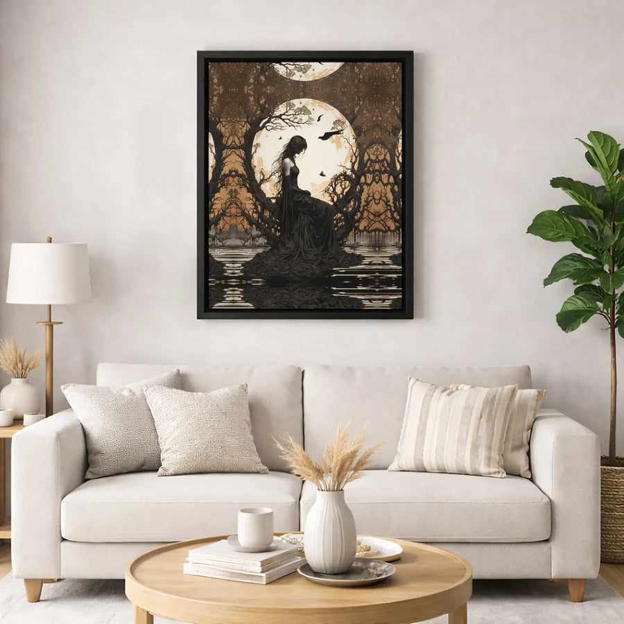 Gothic Woman Canvas Wall Art | Dark Forest Full Moon Silhouette | Premium 1.25-Inch Thick Gallery Wrap | Eerie Witchy Home Decor Gift
