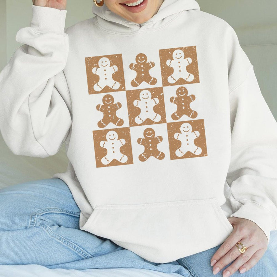 Gingerbread Man Hoodie | Checkered Graphic Christmas Sweater | Premium Cotton-Blend Pullover | Cute Winter Gift for Baker