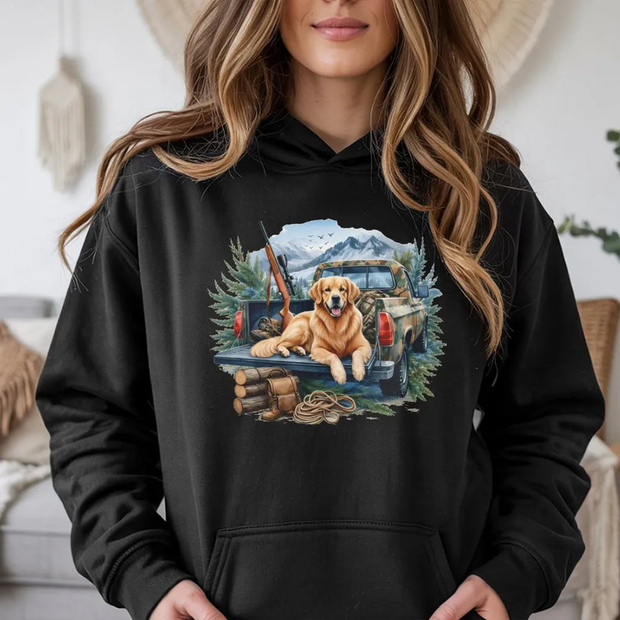 Golden Retriever Hoodie | Rustic Hunting Dog Pickup Truck Graphic | Premium Cotton Blend | Outdoor Enthusiast Gift For Him And Her