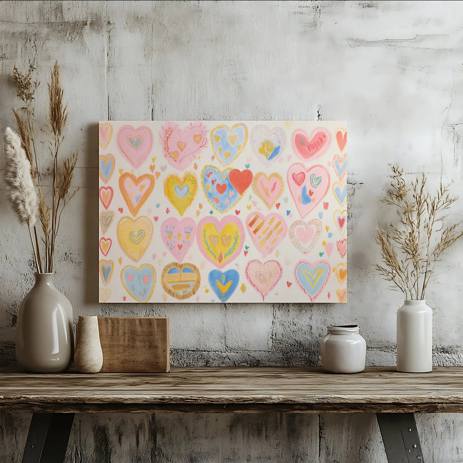 Colorful Heart Collage Canvas Wall Art | Whimsical Hand-Drawn Romantic Decor | Premium 1.25-Inch Gallery Wrap | Sweet Valentine's Gift for Her