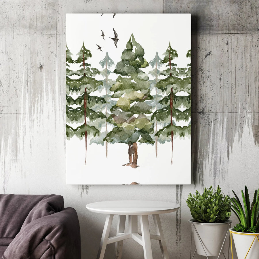 Watercolor Pine Tree Forest Canvas | Rustic Woodland Nature Wall Art | Gallery Wrapped Premium Print | Peaceful Home Decor Gift