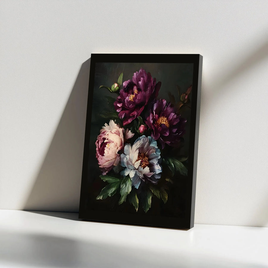 Moody Dark Floral Canvas Print | Peony Oil Painting Wall Art | Premium Gallery Wrap | Elegant Botanical Home Decor Gift