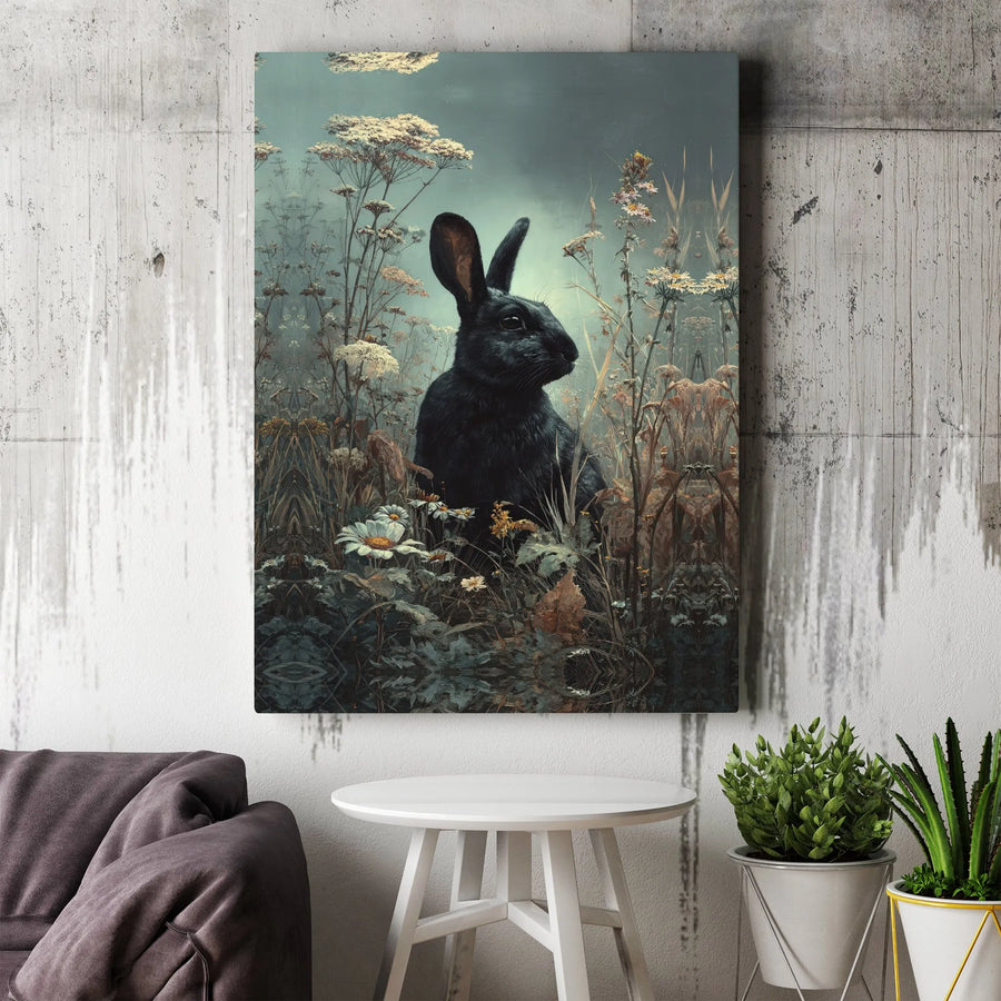 Black Rabbit Wall Art | Moody Wildflower Field Painting | Premium Gallery Canvas | Nature Lover Home Decor Gift