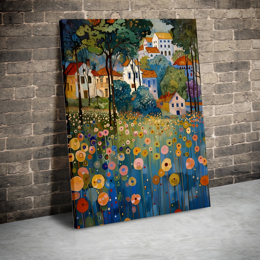 Colorful Hillside Village Canvas | Abstract Meadow Floral Wall Art | Premium Fade-Resistant Gallery Print | Modern Home Decor Gift