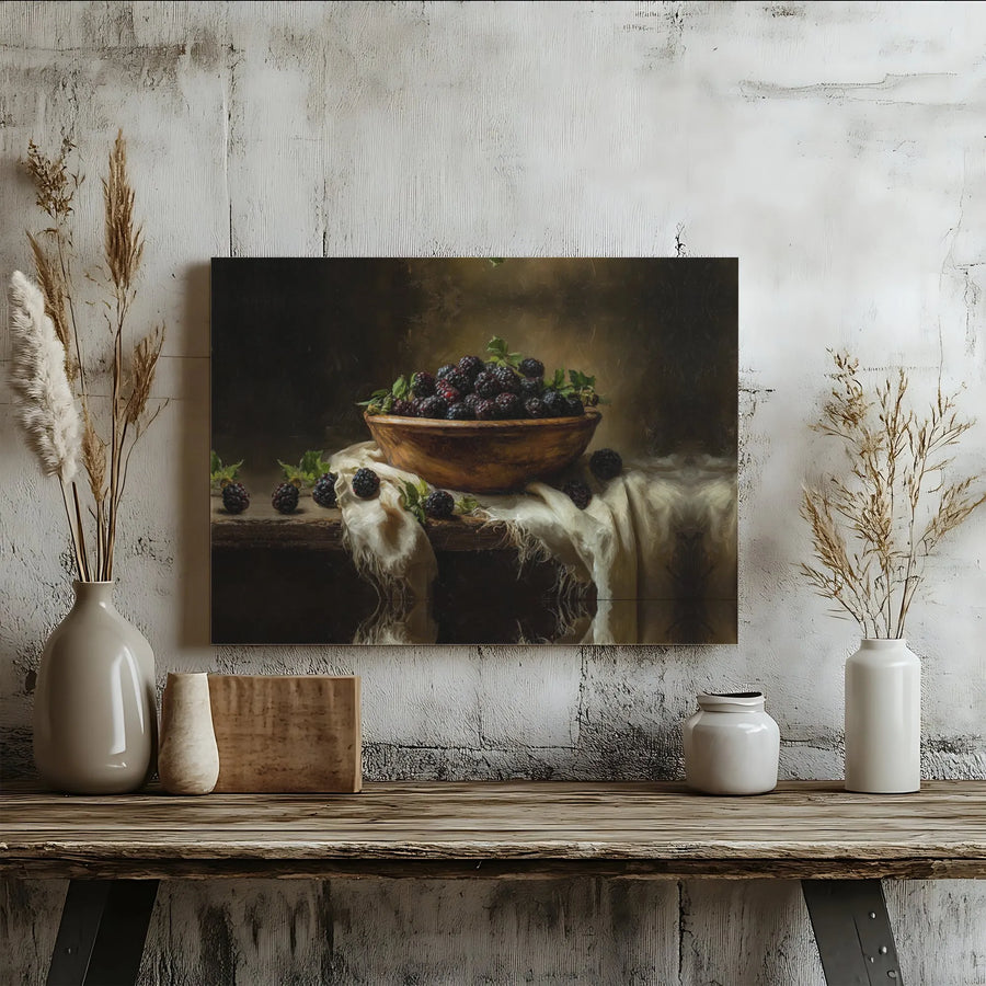 Vintage Blackberry Still Life Canvas | Rustic Kitchen Fruit Painting | Thick Gallery Wrapped Canvas | Farmhouse Kitchen Decor Gift
