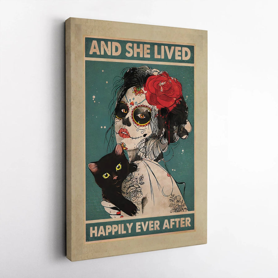Sugar Skull Girl and Black Cat Canvas Wall Art | Gothic Floral Portrait | Premium 1.25" Gallery Wrap | Gift for Cat Lovers and Witchy Decor