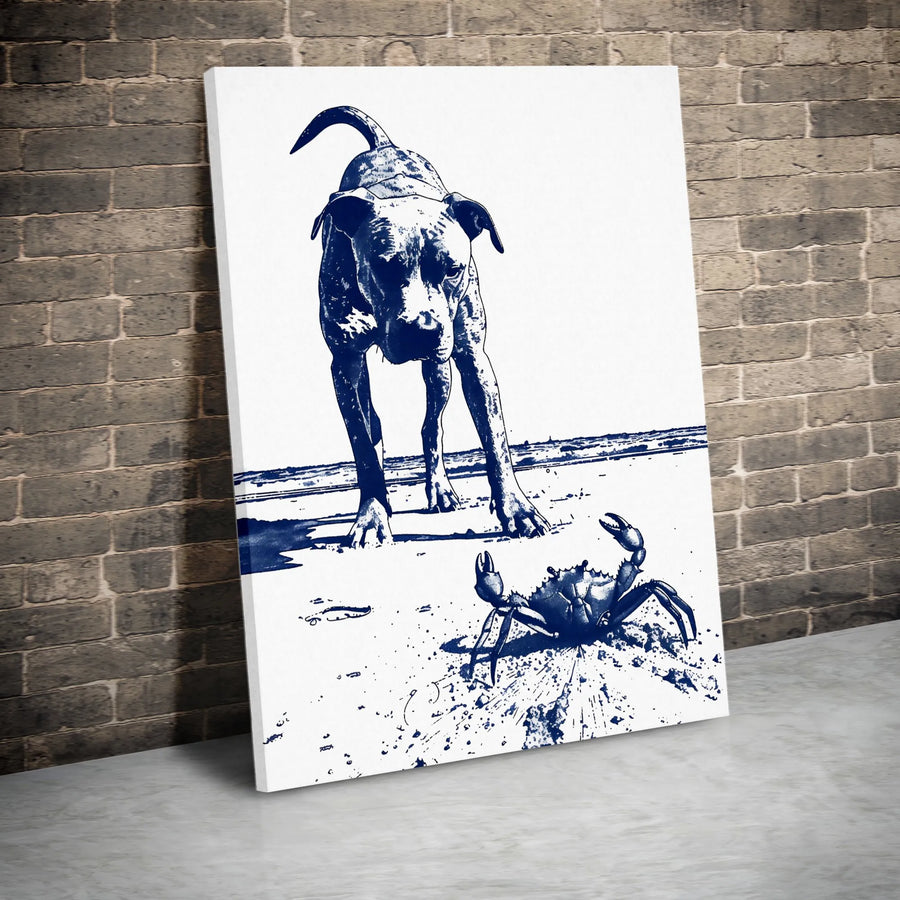 Pitbull Wall Art | Dog and Crab Beach Graphic Print | Premium Gallery Wrapped Canvas | Coastal Home Decor Gift for Dog Lovers