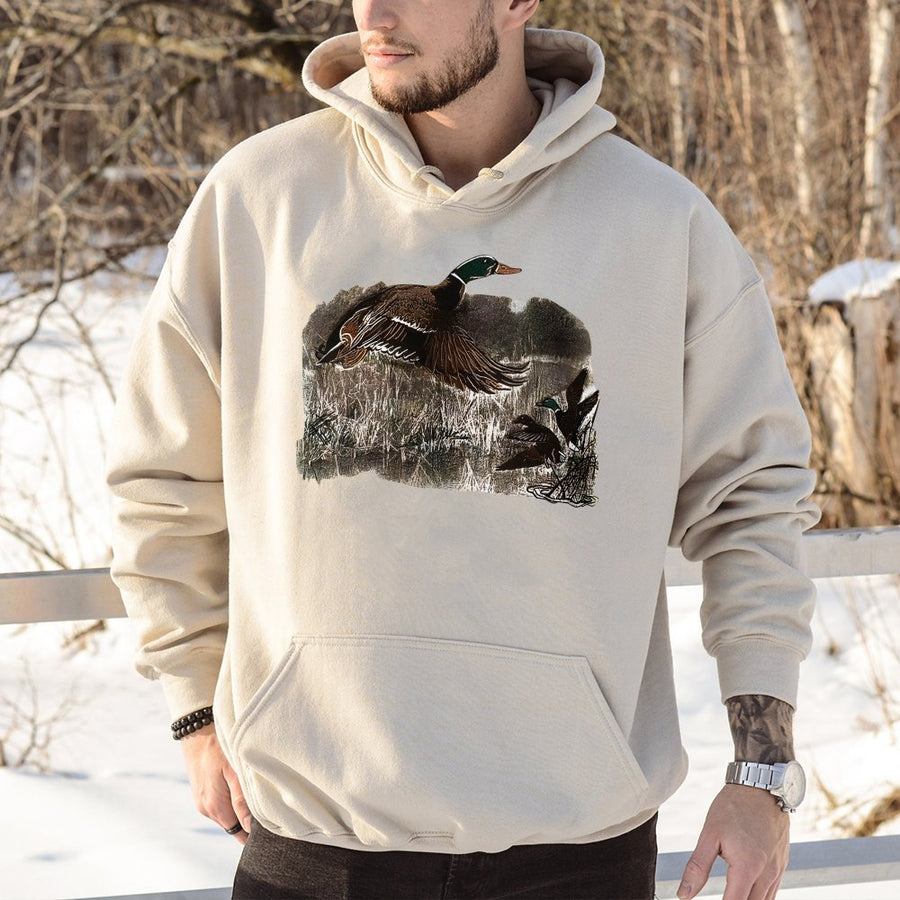Mallard Duck Hoodie | Vintage Wildlife Art Illustration | Soft Cotton-Blend Sweatshirt | Outdoorsy Nature Lover Gift for Him or Her