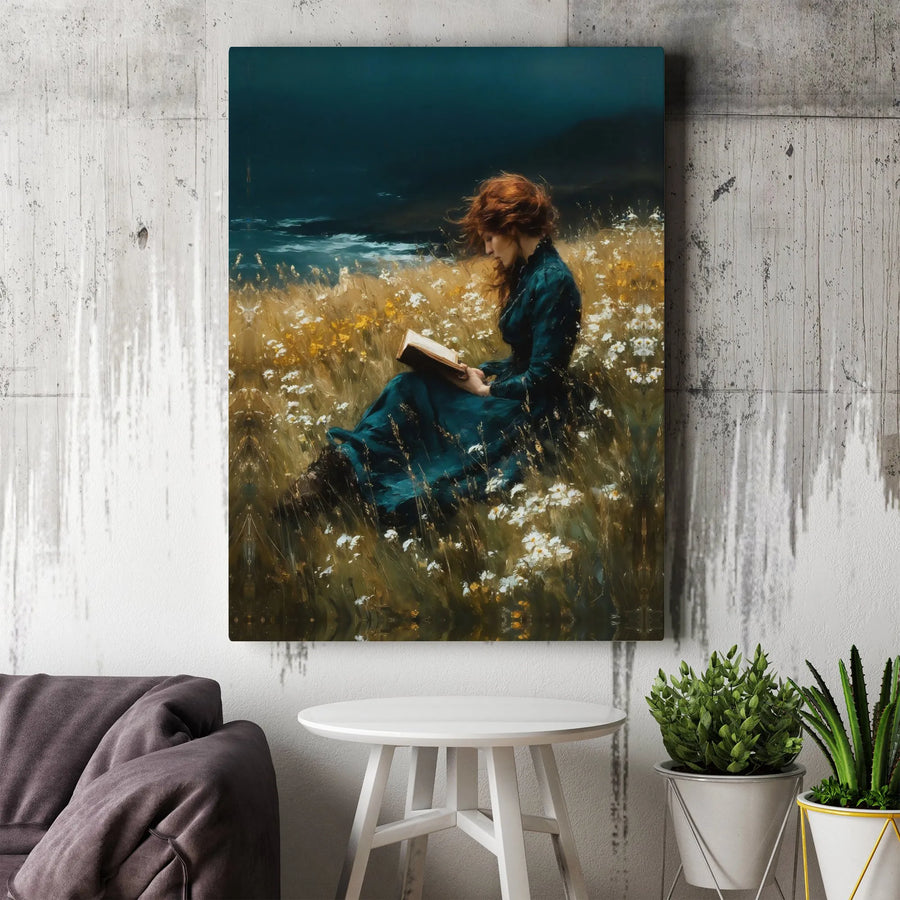 Woman Reading Book Canvas Wall Art | Moody Wildflower Field Aesthetic | Premium Fade-Resistant Print | Romantic Literary Home Decor Gift