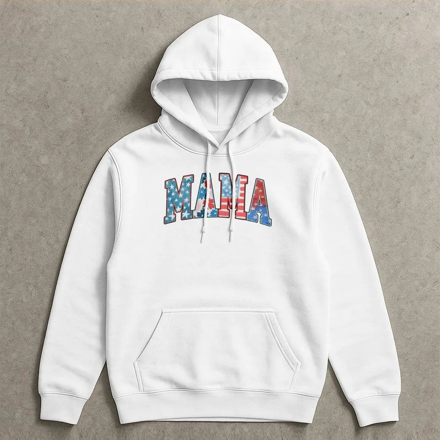 American Mama Hoodie Sweatshirt | Retro USA Flag Lettering | Premium Cotton-Blend Pullover | Patriotic 4th of July Gift for Mom