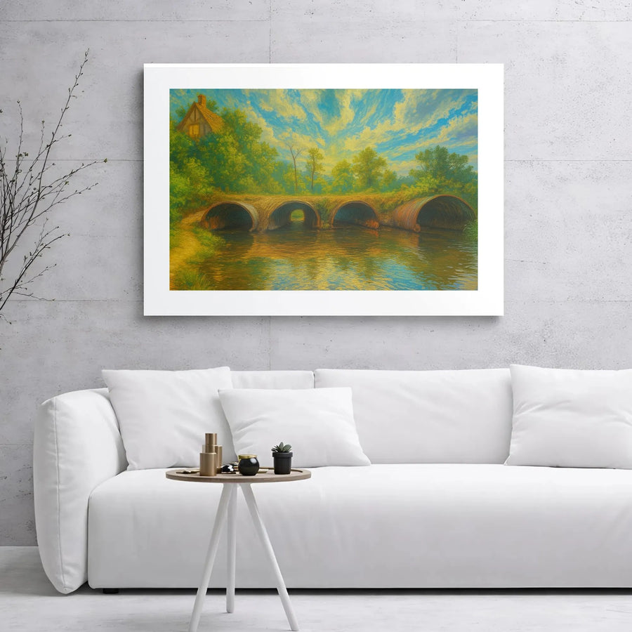 Landscape Canvas Wall Art | Impressionist River Cottage Bridge Print | Gallery Wrap Premium Decor | Ready To Hang Nature Artwork For Home