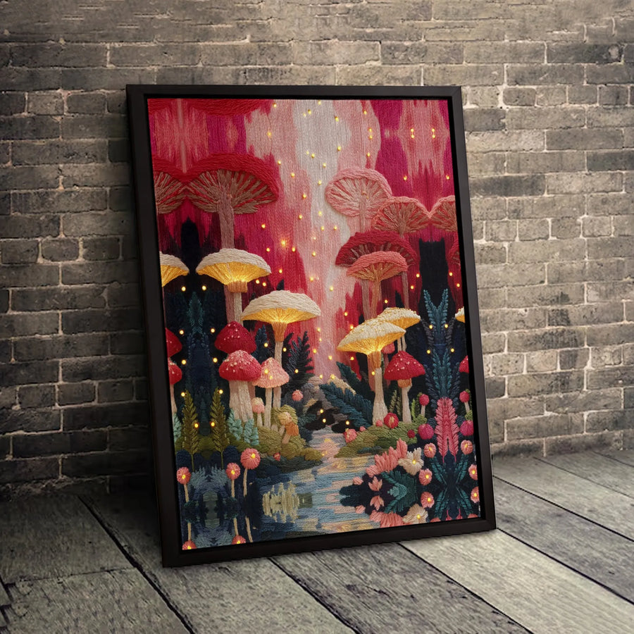 Mushroom Forest Canvas Art | Glowing Firefly Enchanted Woodland Wall Decor | Premium Fade-Resistant Print | Magical Nature Gift for Home