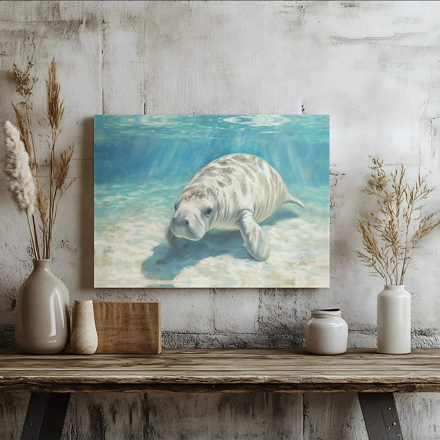 Manatee Wall Art | Realistic Underwater Ocean Painting | Gallery Quality Wrapped Canvas | Coastal Home Decor Gift for Sea Life Lovers
