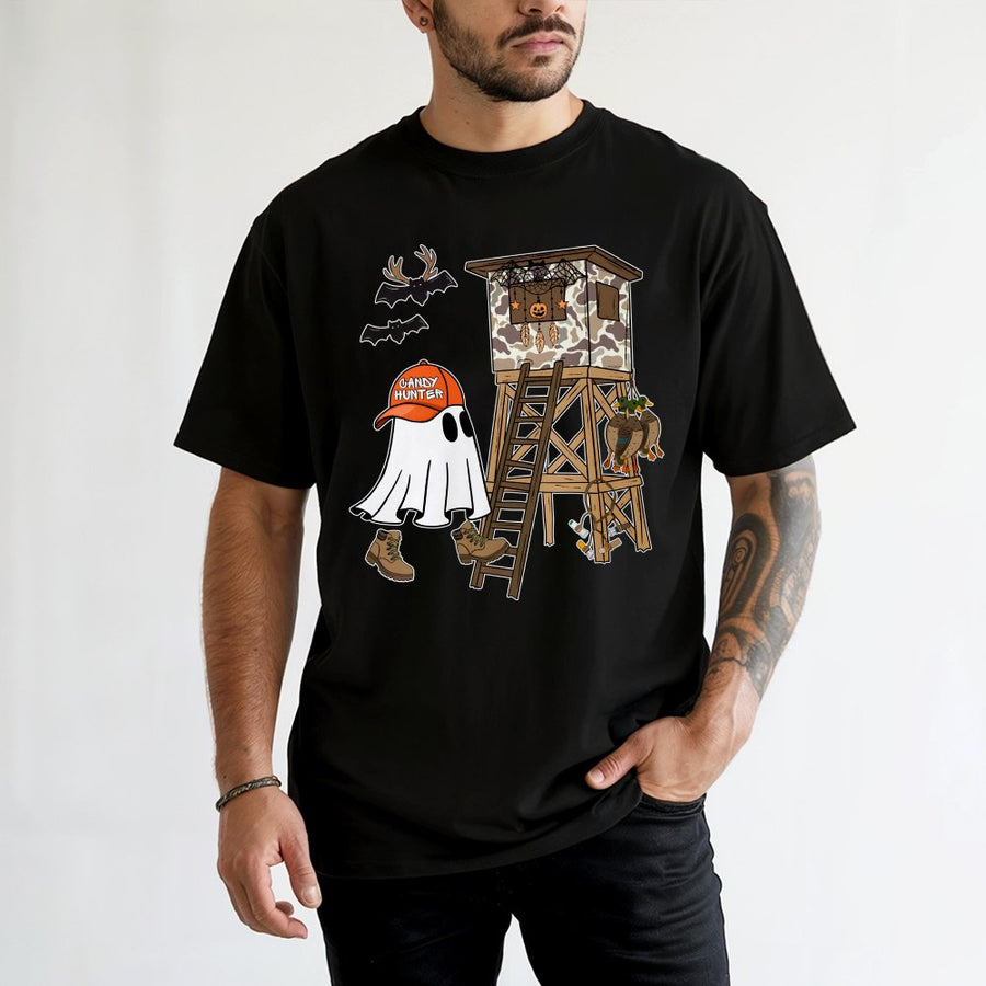 Candy Hunter Hunting Ghost T-Shirt | Camo Deer Stand Halloween Graphic | 100% Soft Cotton Premium Tee | Funny Spooky Outdoor Gift for Hunters
