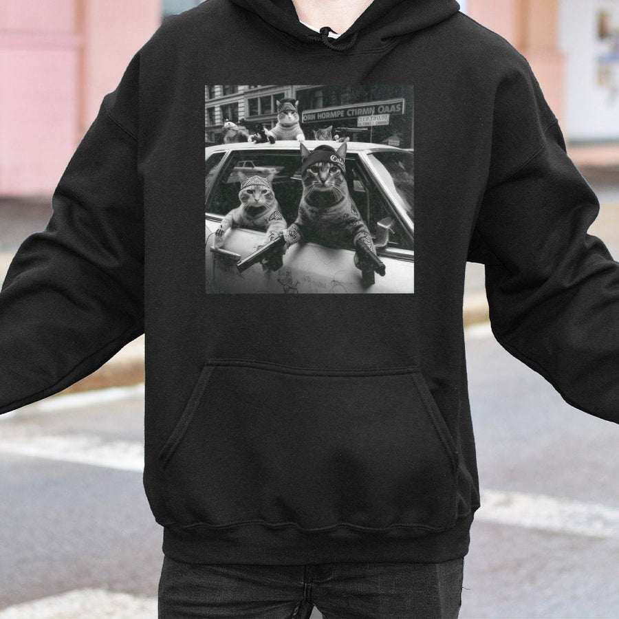 Funny Cat Gang Hoodie | Retro Urban Kitten Meme Graphic | Premium Cotton Blend Pullover | Unisex Streetwear Gift for Cat Lovers