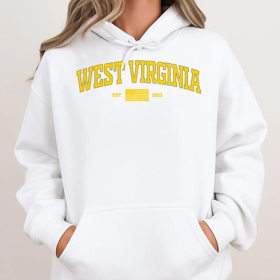 Vintage West Virginia Hoodie | Retro Collegiate EST 1863 Graphic | Premium 100% Cotton Tee | State Pride Souvenir Gift for Men & Women