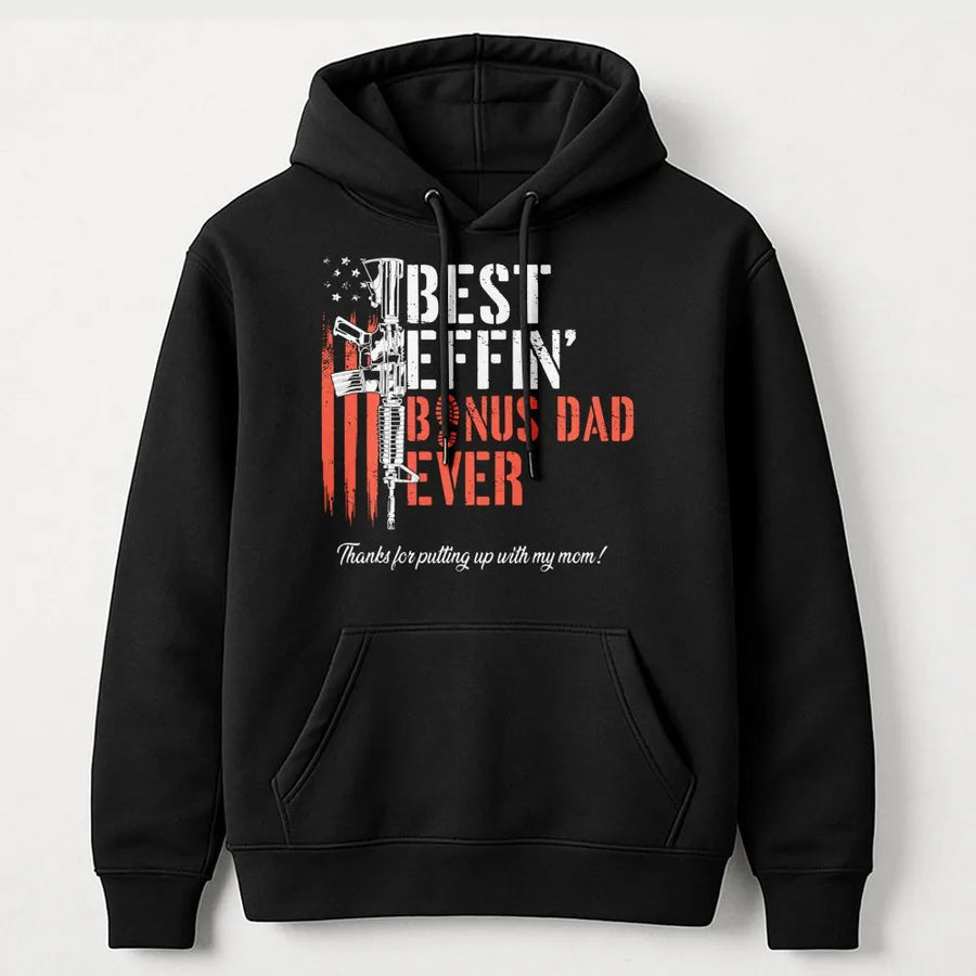 Bonus Dad Hoodie | Funny Stepdad Gift with American Flag Rifle Design | Premium Cotton Blend | Best Bonus Dad Ever Apparel for Father's Day 2026
