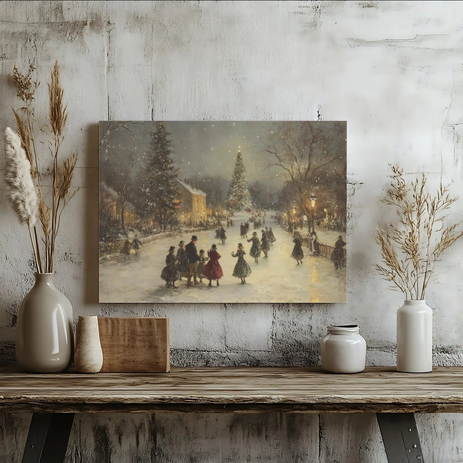 Vintage Christmas Wall Art | Snowy Village Ice Skating Scene | Premium Gallery Wrap Canvas | Festive Holiday Home Decor Gift