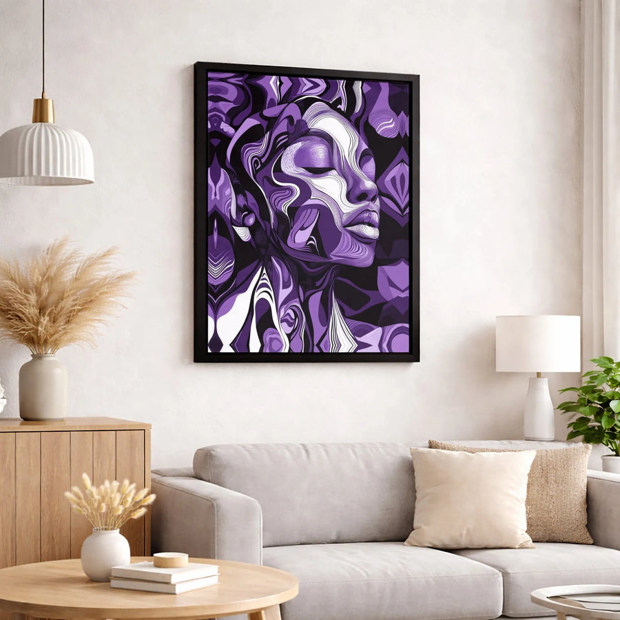 Purple Abstract Woman Canvas Wall Art | Psychedelic Facial Portrait | Premium Fade-Resistant Gallery Wrap | Modern Home Decor Gift