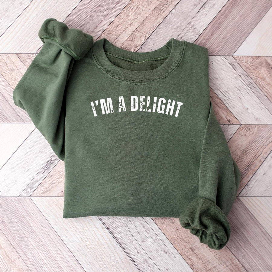 I'm A Delight Sweatshirt | Sarcastic Funny Quote Graphic Tee | Premium Cotton Blend Crewneck | Cozy Witty Gift For Her
