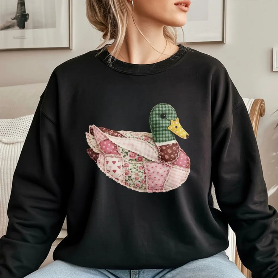 Quilted Mallard Duck Sweatshirt | Cottagecore Patchwork Bird Graphic | Premium Cotton Blend Crewneck | Gift for Bird Lovers & Nature Enthusiasts