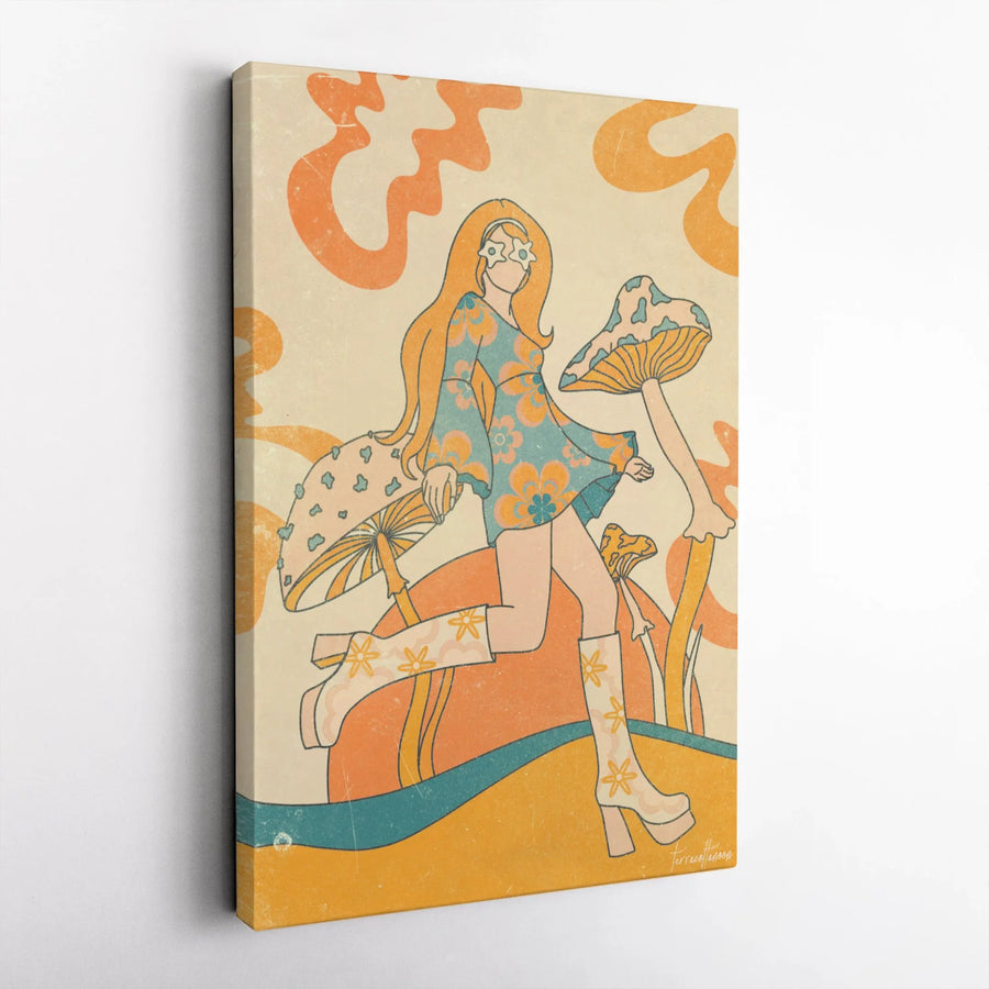 Groovy 70s Girl Wall Art | Psychedelic Mushroom Decor | Premium Gallery-Wrap Canvas | Retro Aesthetic Gift for Her