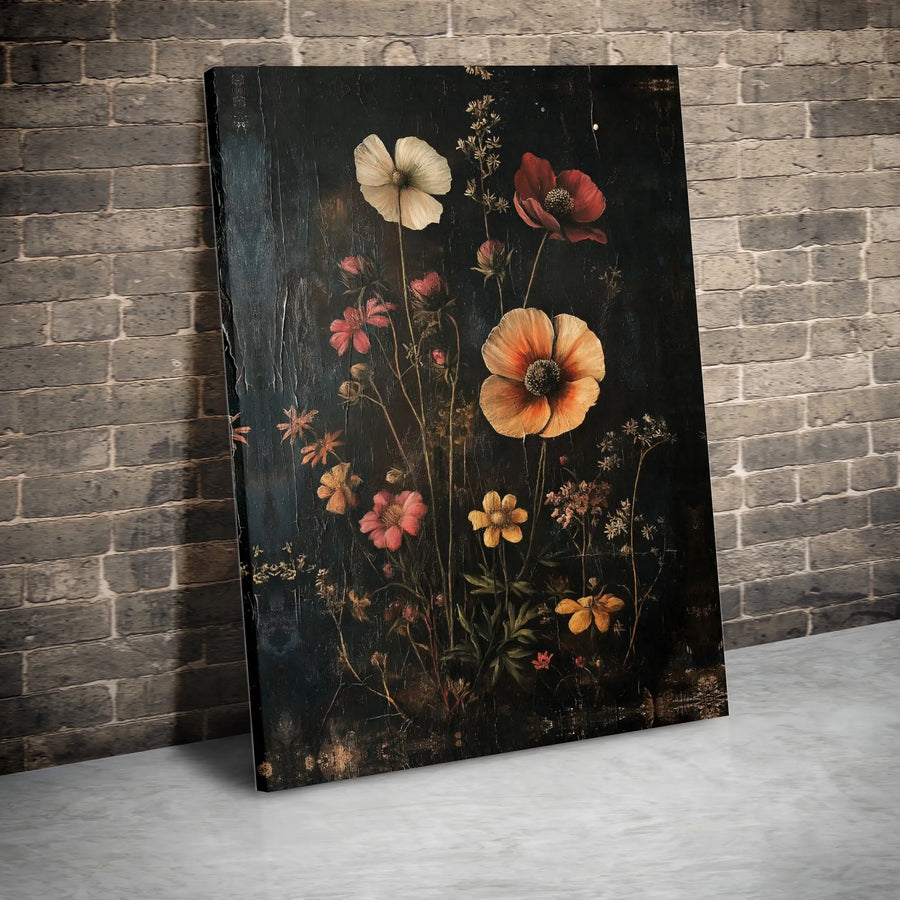 Moody Floral Canvas Print | Vintage Dark Botanical Wildflower Bouquet | Premium Gallery Wrapped Wall Art | Sophisticated Home Decor Gift