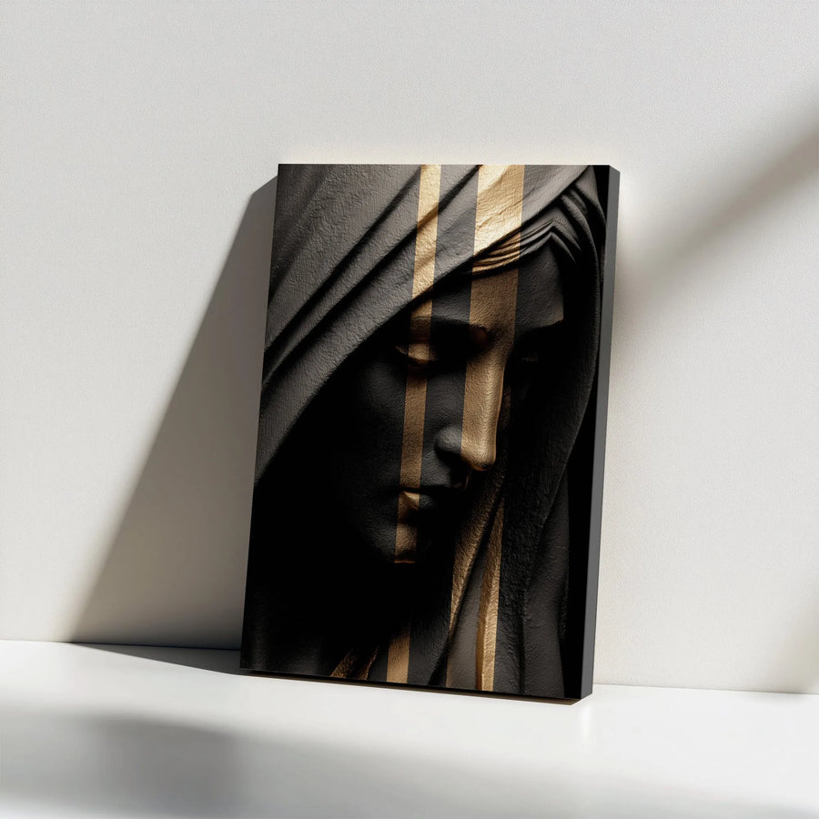 Abstract Woman Portrait Canvas | Black and Gold Stripe Design | Premium Thick Gallery Wrap | Modern Living Room Decor