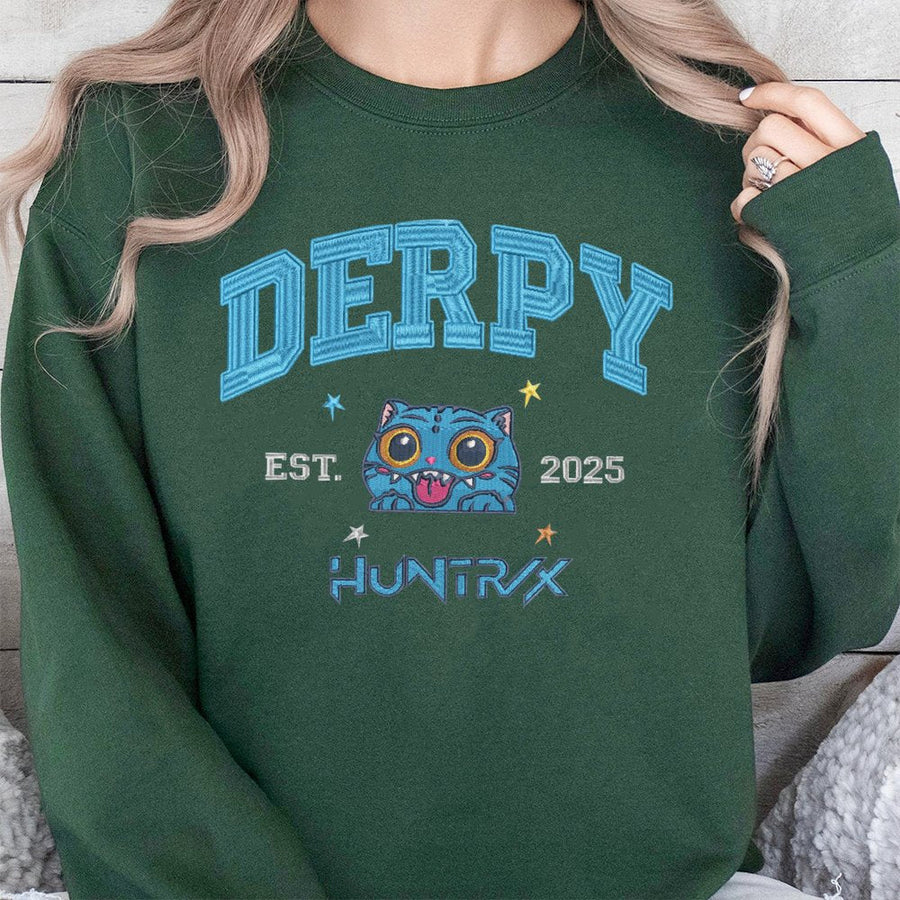 Derpy Cat Varsity Sweatshirt | Funny Cartoon Animal Graphic | Premium Cotton Blend | Quirky Gift for Animal Lovers and Retro Style Fans