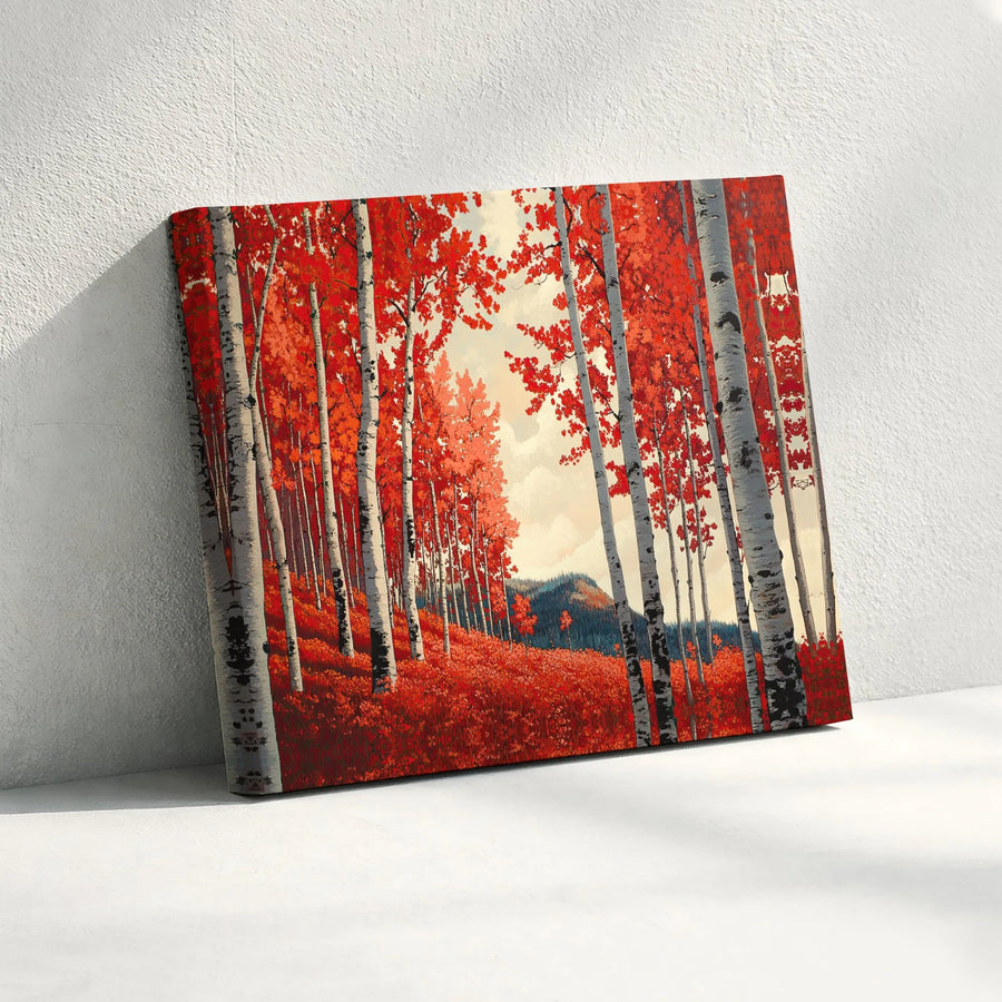 Autumn Birch Tree Canvas Wall Art | Vibrant Red Forest Landscape Print | Premium 1.25" Gallery Wrap | Modern Home & Office Decor Gift