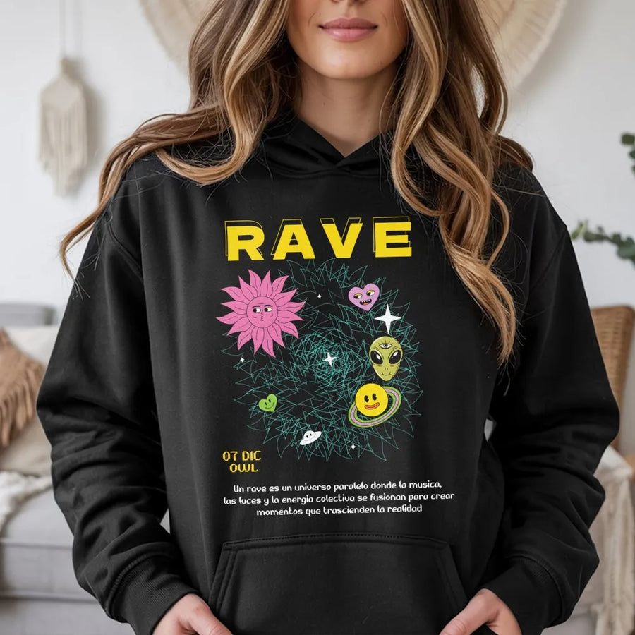 Rave Hoodie | Alien Smiley Face Graphic Print | Premium Cotton-Poly Blend | Streetwear EDM Music Festival Gift For Men And Women